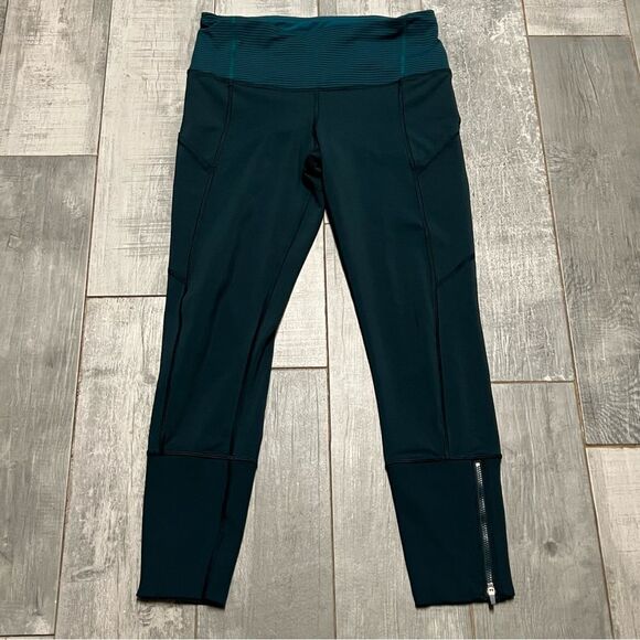 LULULEMON Rebel Green Navy Blue Stripe Luxtreme Tights Ankle Zipper Legging 6 - Picture 4 of 16